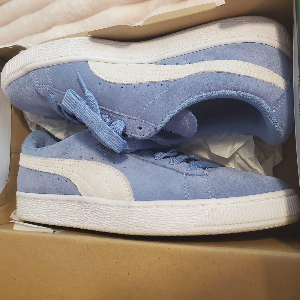 Puma Light Blue and White Suede Sneakers